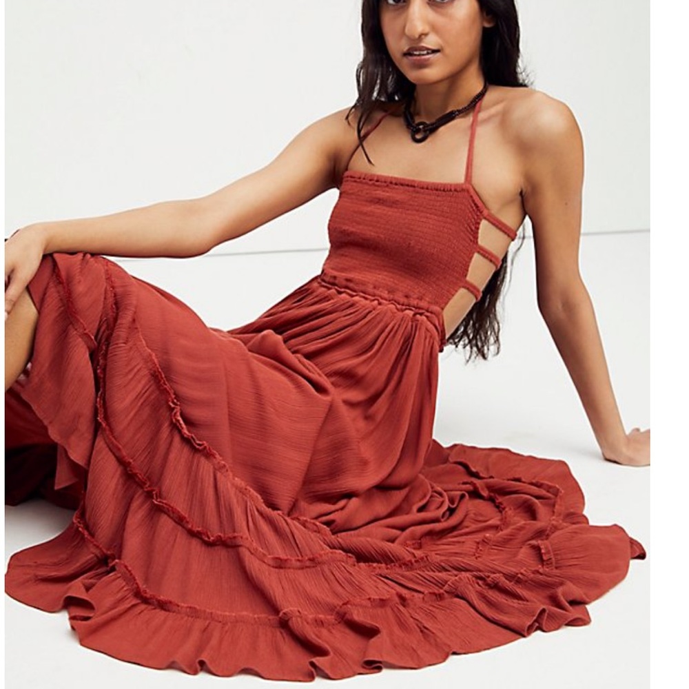 FREE PEOPLE Extratropical Smocked Halter Cutouts Back Maxi Dress in BRICK PATH